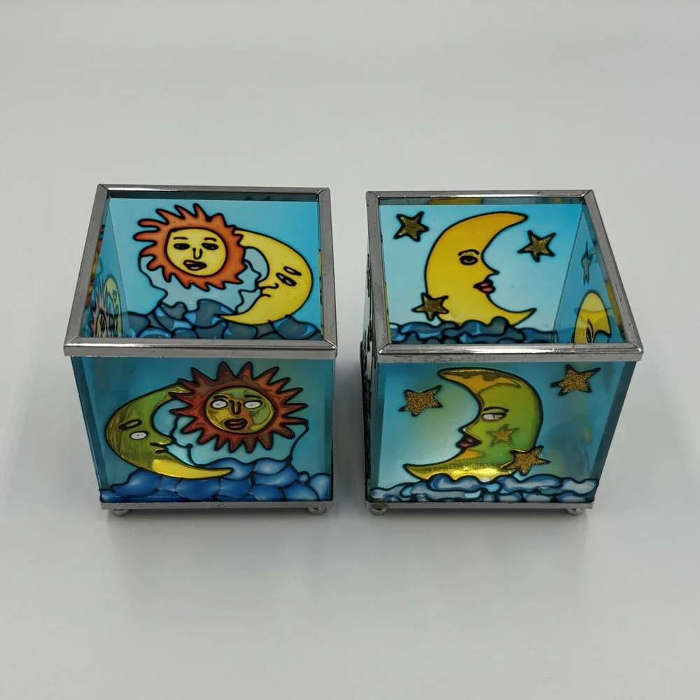 VINTAGE CELESTIAL SUN & MOON VOTIVE BURNERS CANDLE HOLDERS LOT OF 2